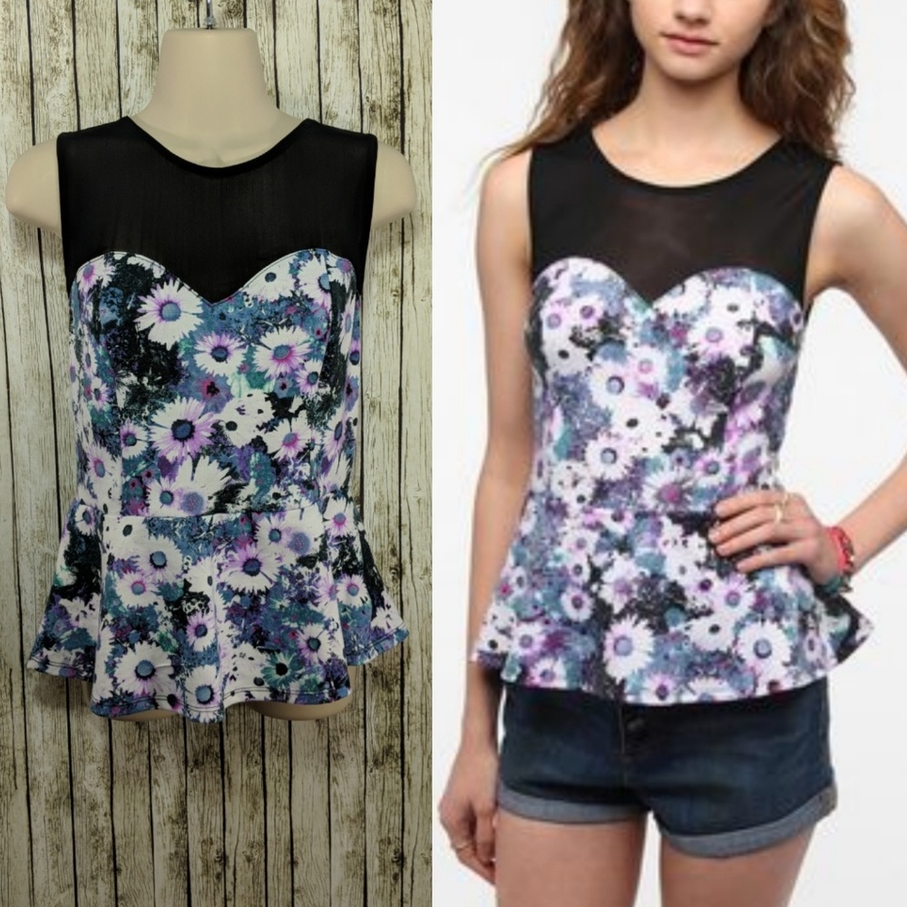 Pins and Needles scuba peplum mesh tank - L